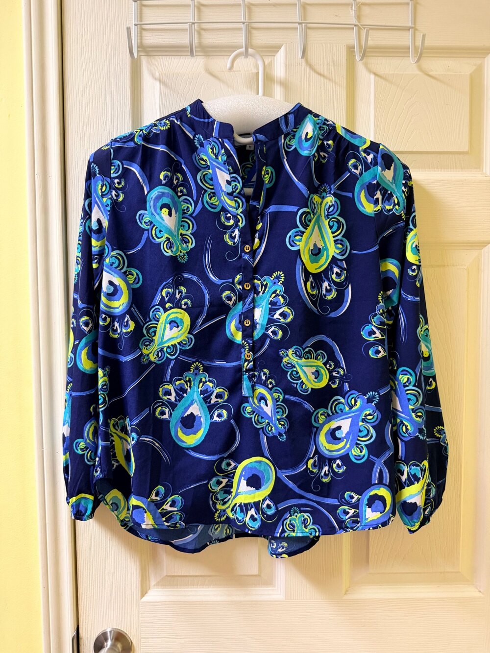 Buckhead Betties Paisley Print Blouse Navy Blue Teal Yellow Size M top shirt